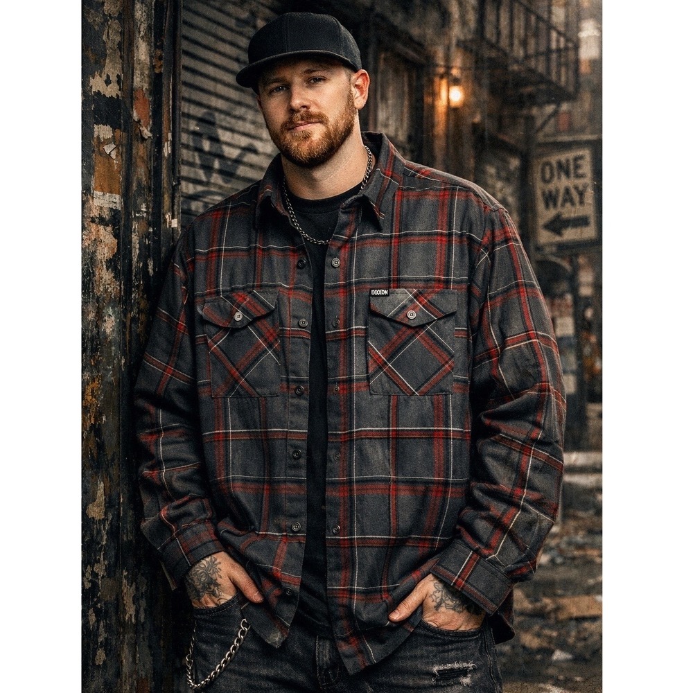 Dixxon Flannel Co Mens XL D-Tech Plaid Button Down Shirt Charcoal Red Grey